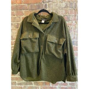 RAIN Teddy Utility Shacket Shirt Jacket in Dark Olive Green Women’s SZ L RN11550